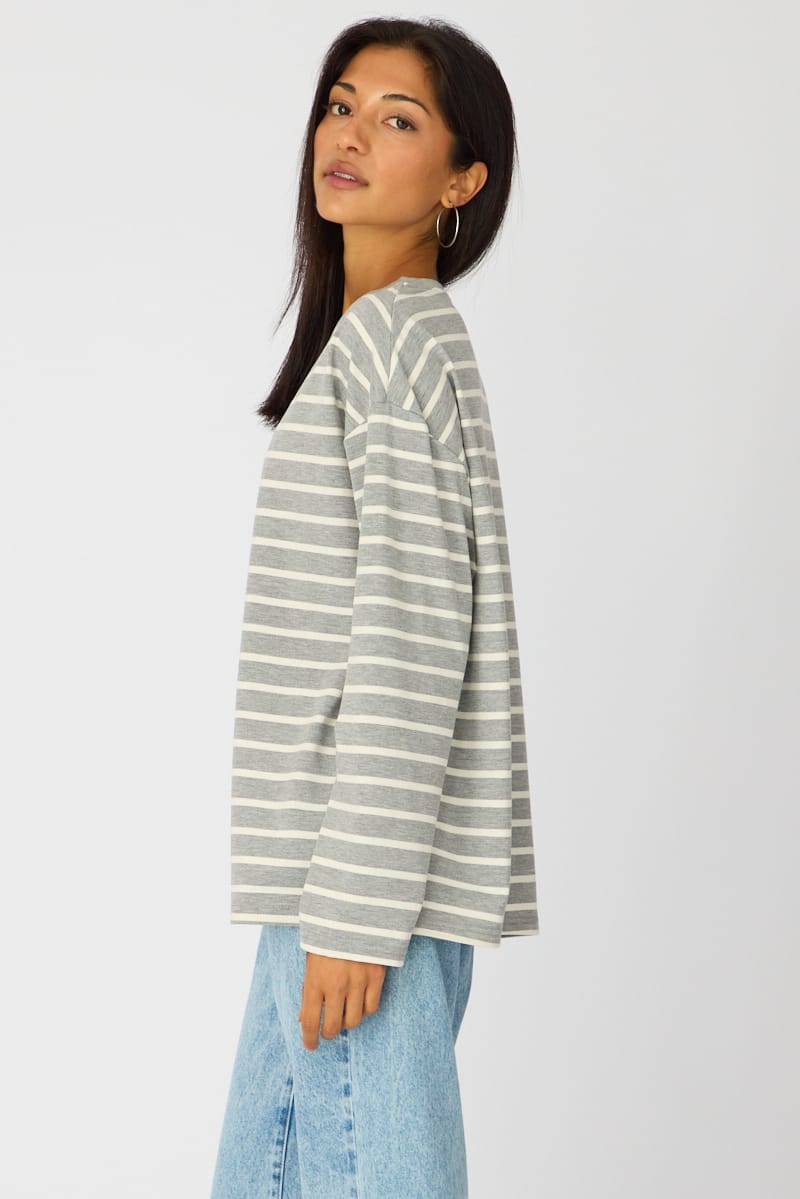 Grey Stripe Oversized Tee Long Sleeve for Ally Fashion
