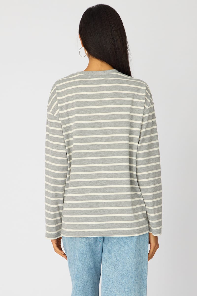 Grey Stripe Oversized Tee Long Sleeve for Ally Fashion