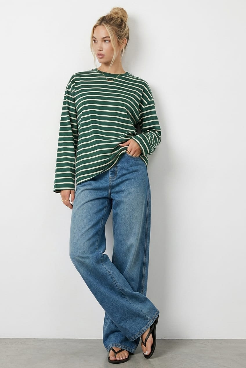 Green Stripe Oversized Tee Long Sleeve for Ally Fashion