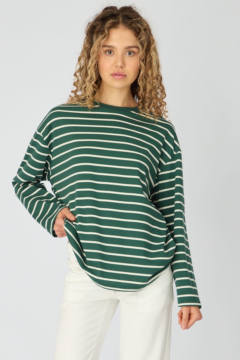 Green Stripe Oversized Tee Long Sleeve for Ally Fashion