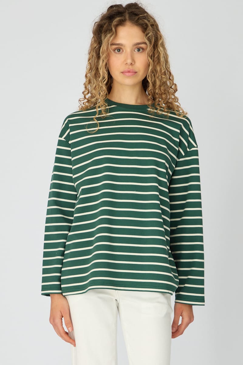 Green Stripe Oversized Tee Long Sleeve for Ally Fashion