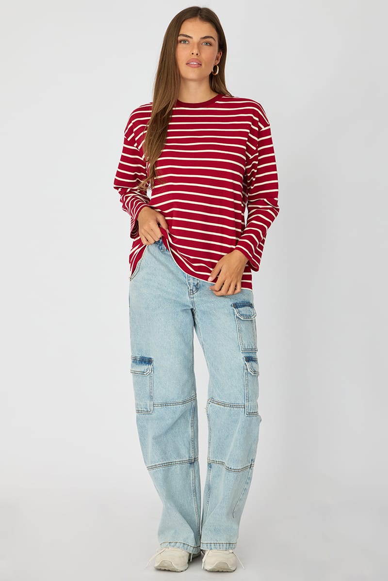 Red Stripe Oversized Tee Long Sleeve for Ally Fashion