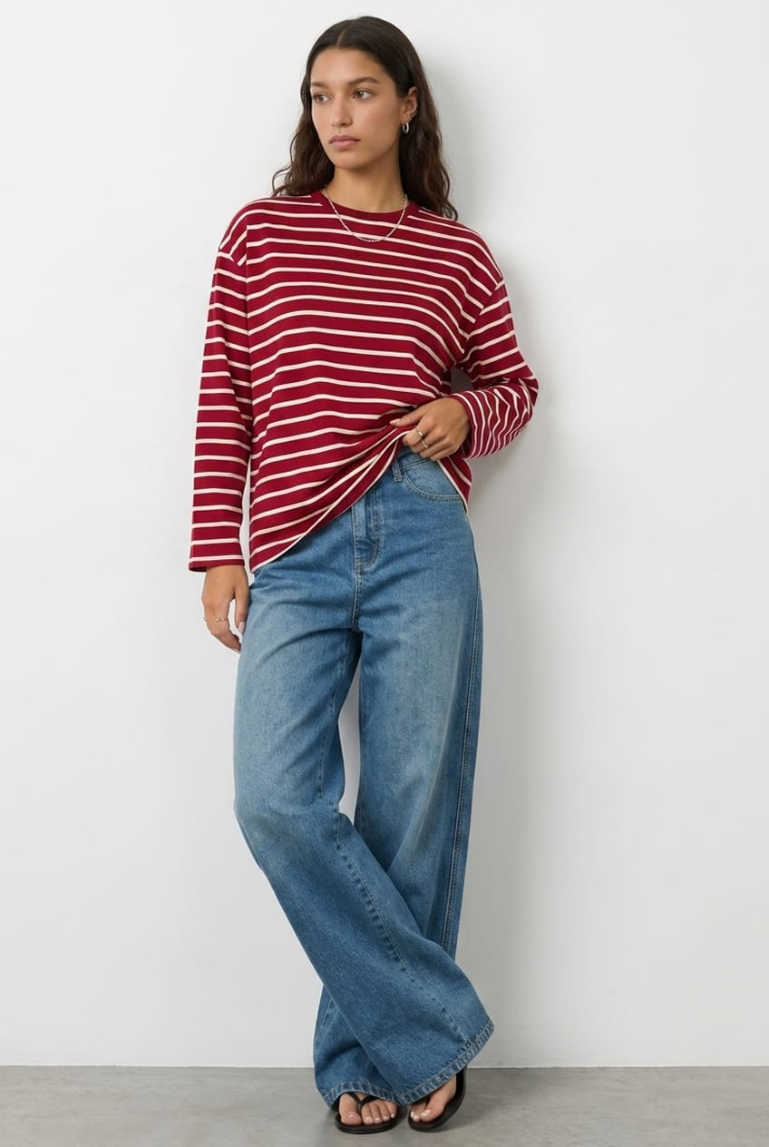 Red Stripe Oversized Tee Long Sleeve for Ally Fashion