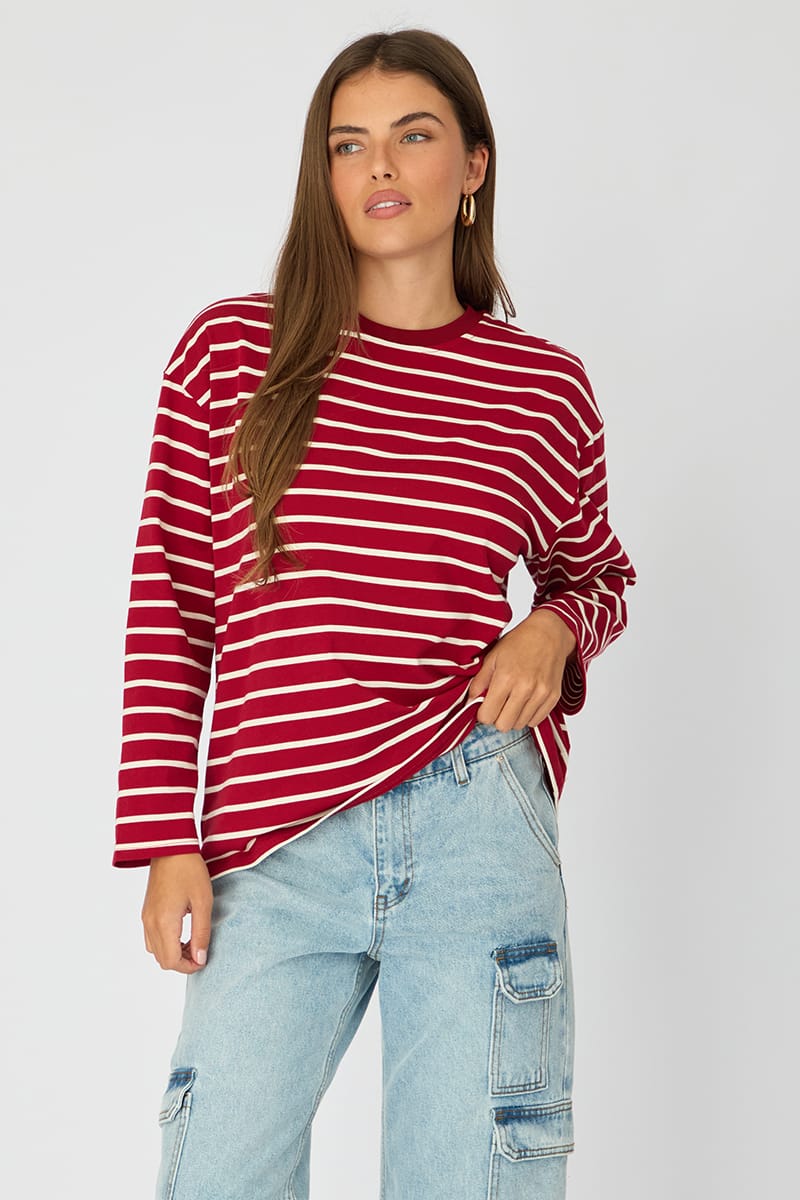 Red Stripe Oversized Tee Long Sleeve for Ally Fashion