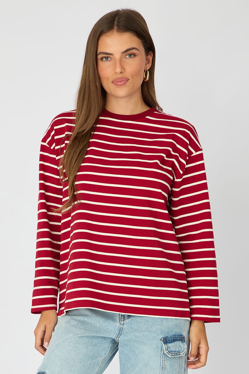 Red Stripe Oversized Tee Long Sleeve for Ally Fashion