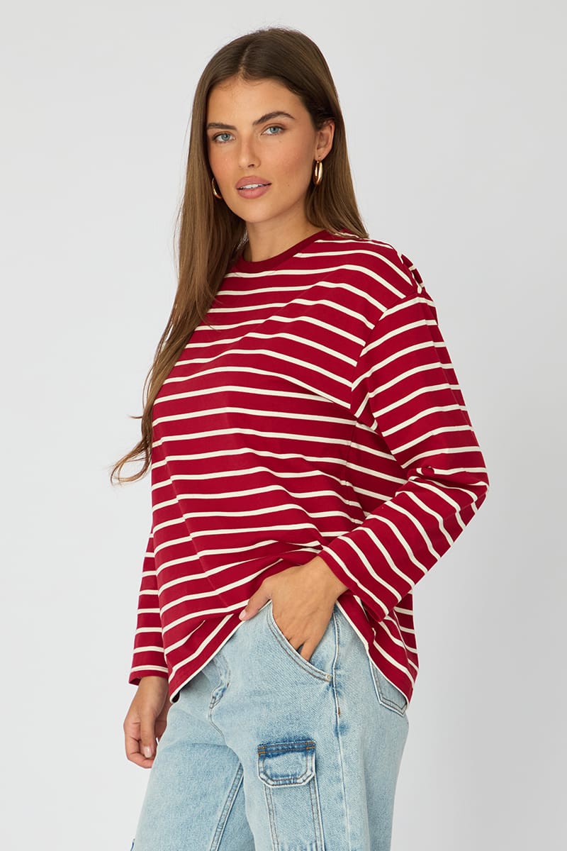 Red Stripe Oversized Tee Long Sleeve for Ally Fashion