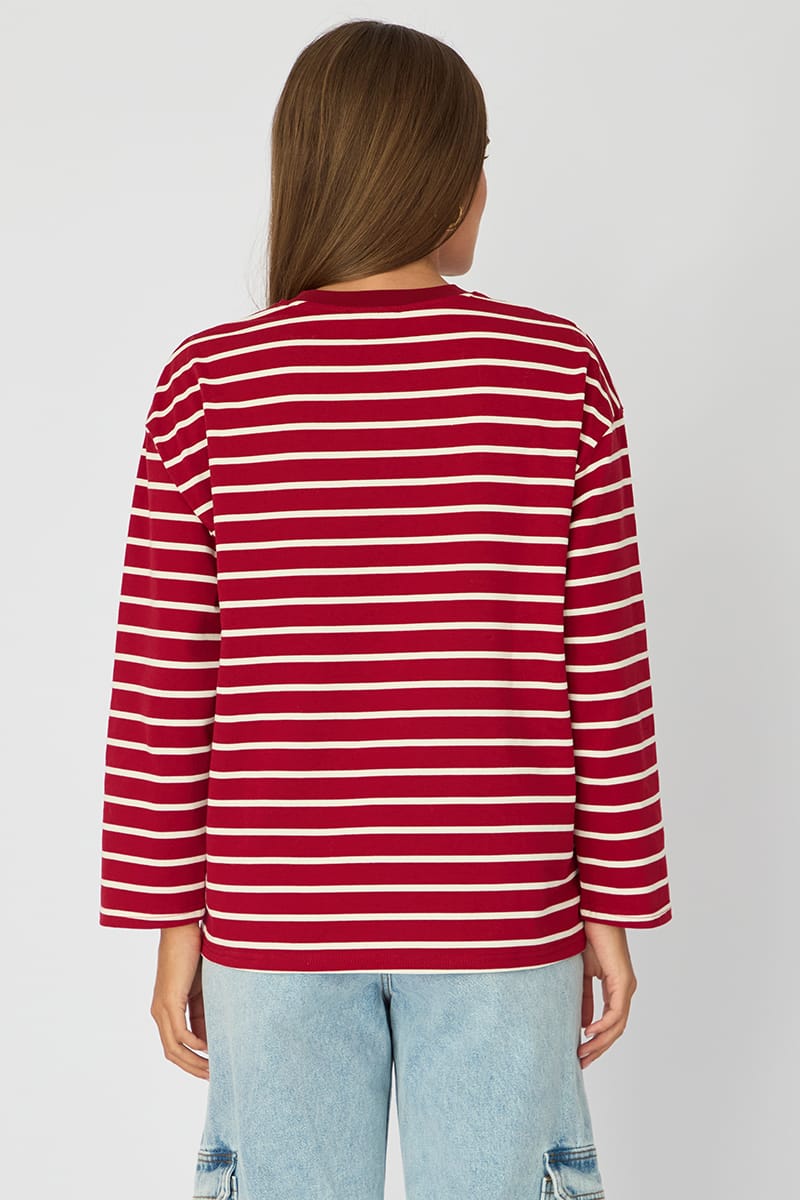 Red Stripe Oversized Tee Long Sleeve for Ally Fashion