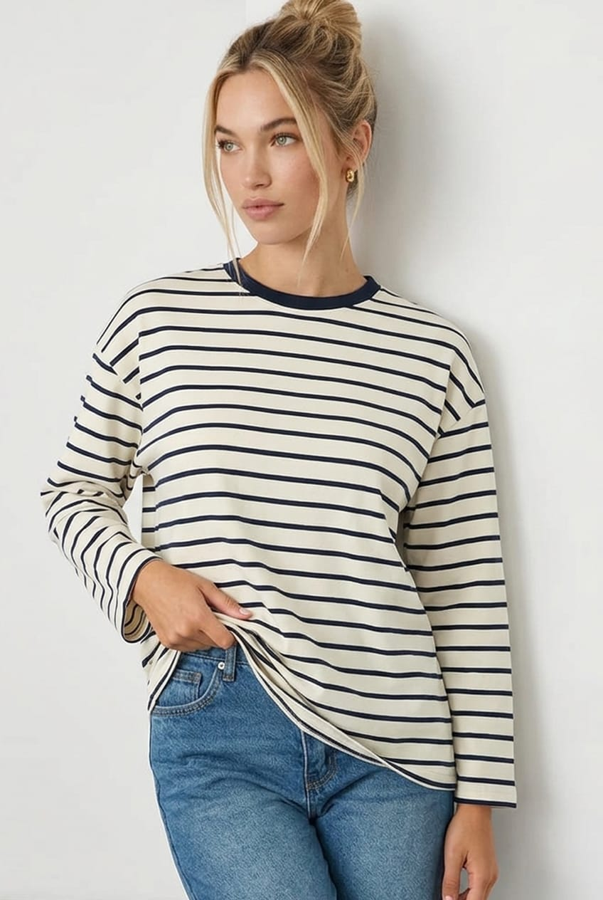 White Stripe Oversized Tee Long Sleeve for Ally Fashion