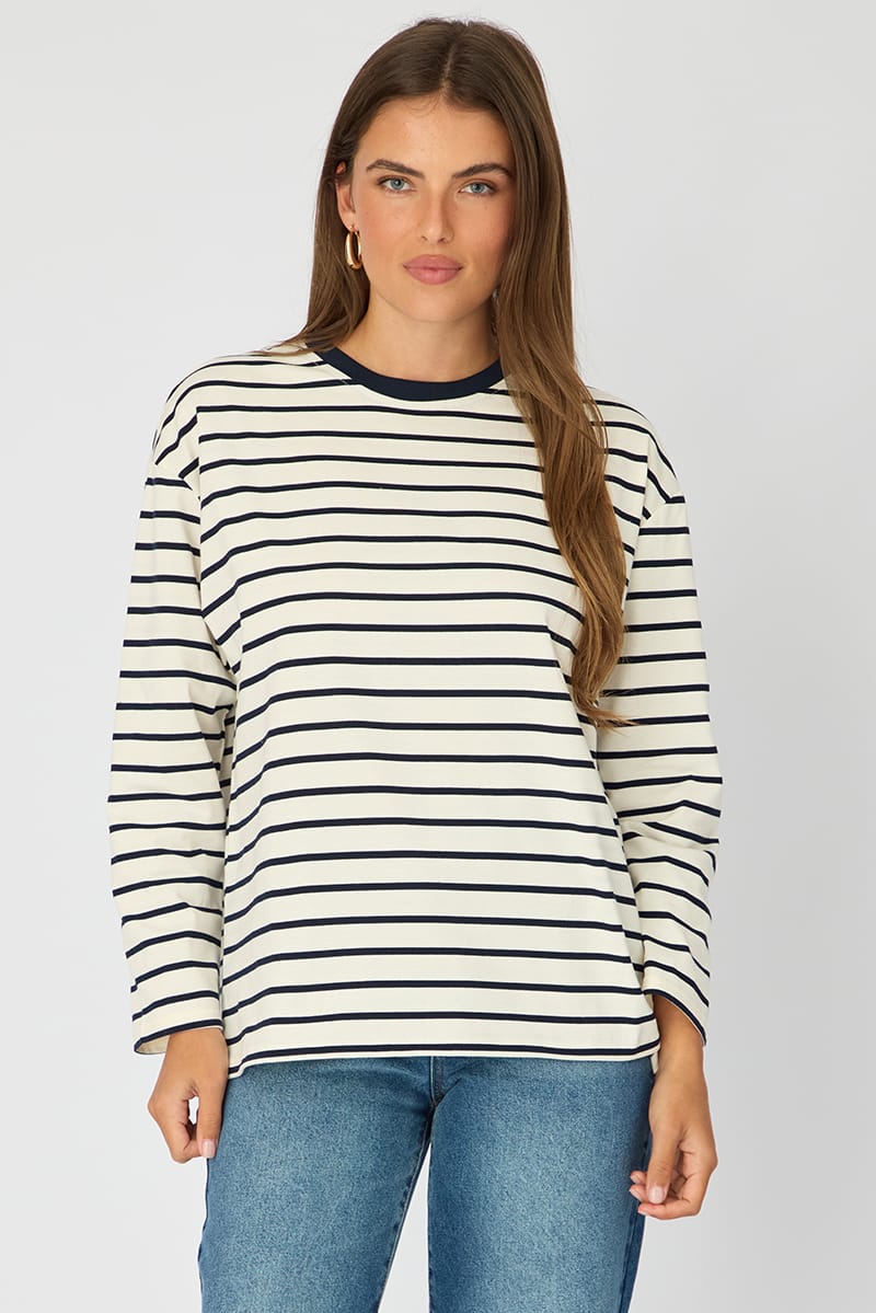 White Stripe Oversized Tee Long Sleeve for Ally Fashion