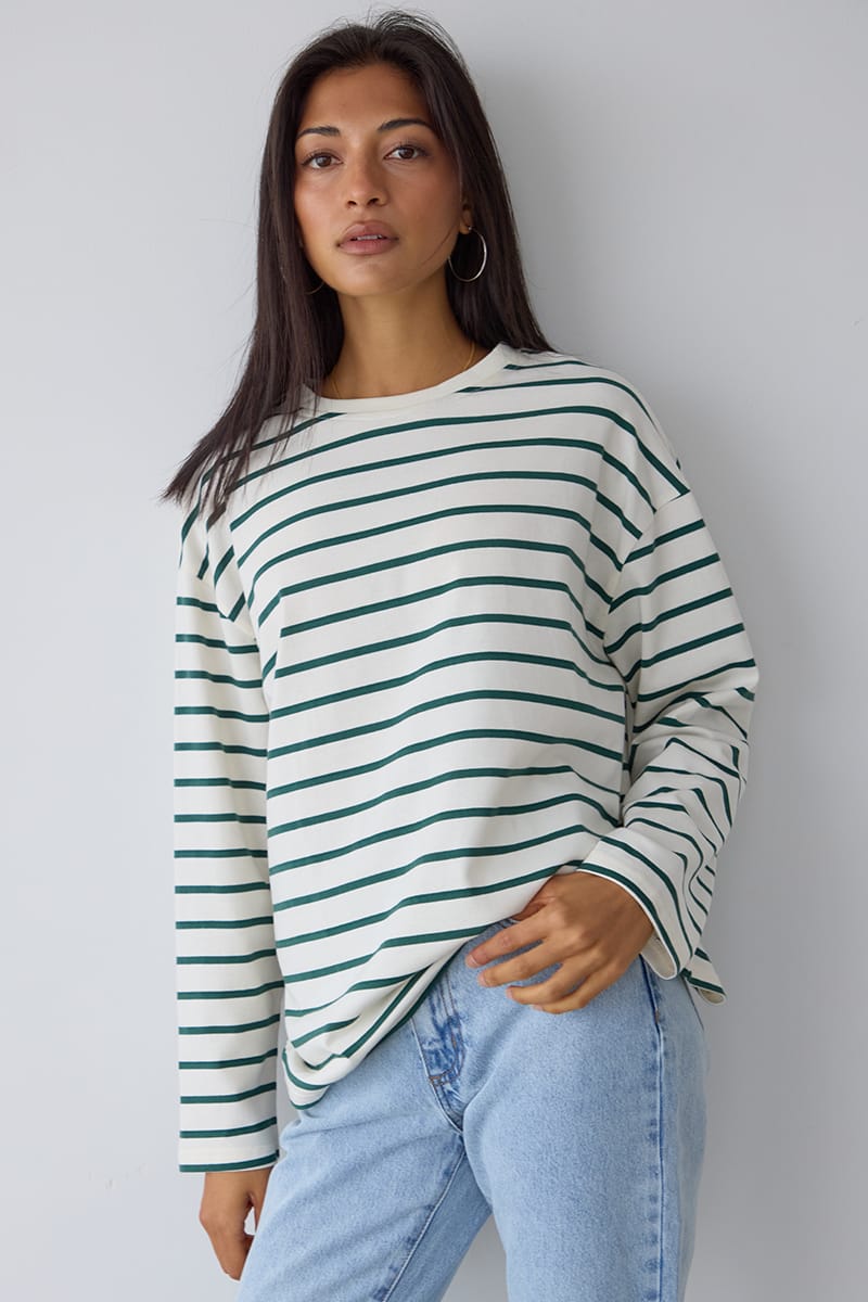 White Stripe Oversized Tee Long Sleeve for Ally Fashion
