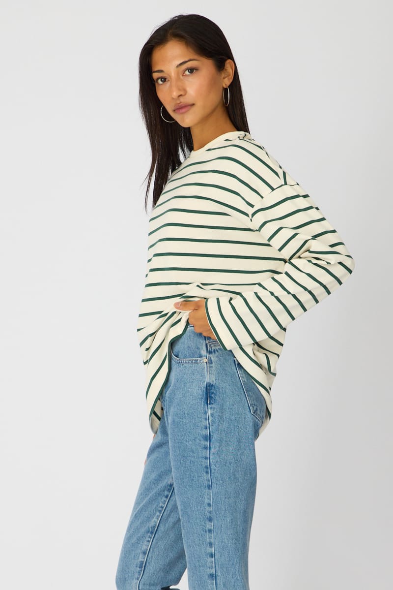 White Stripe Oversized Tee Long Sleeve for Ally Fashion
