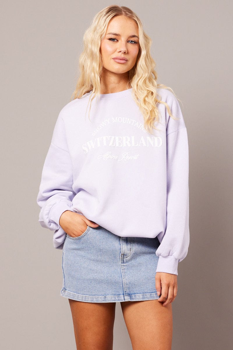 Purple Graphic Sweater Long Sleeve for Ally Fashion