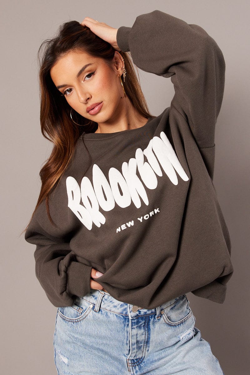 Grey Graphic Sweater Long Sleeve for Ally Fashion