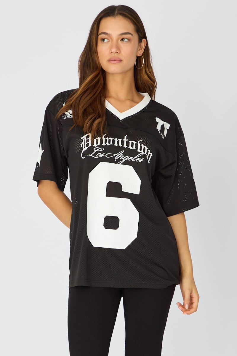 Black Short Sleeve Oversized Vneck Graphic Tee for Ally Fashion