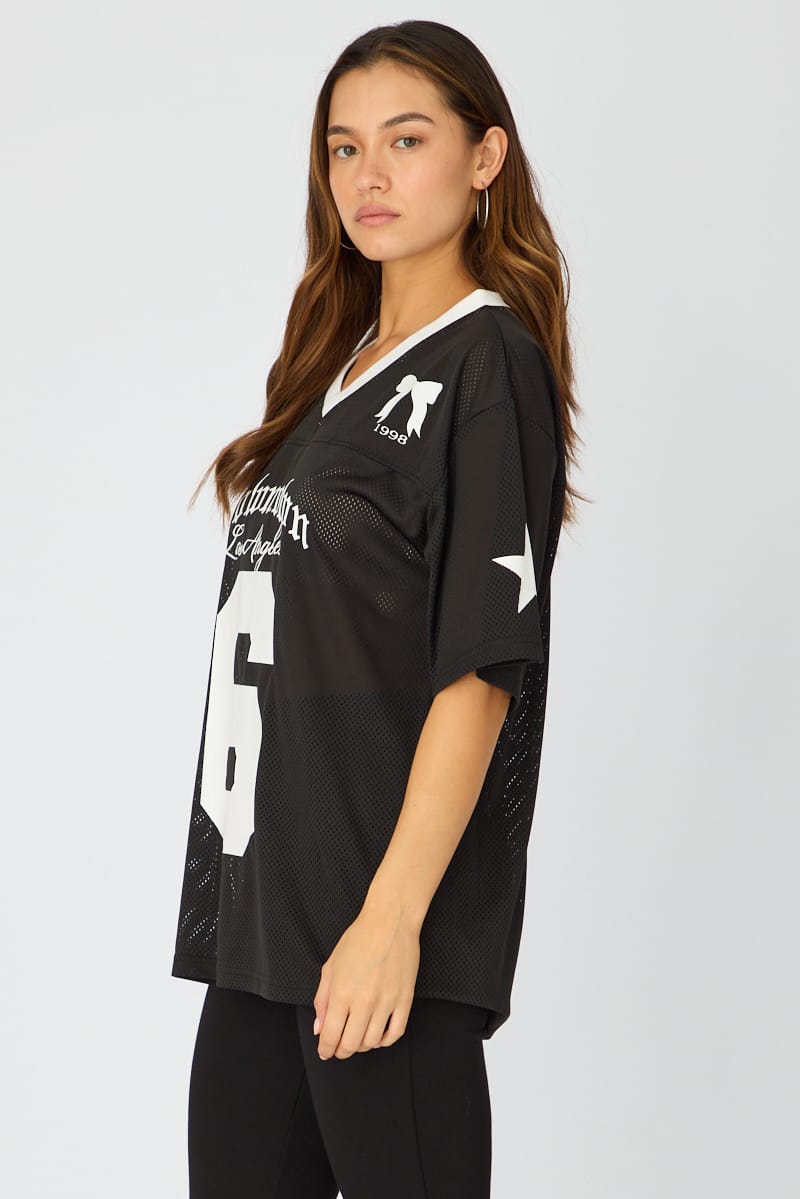 Black Short Sleeve Oversized Vneck Graphic Tee for Ally Fashion