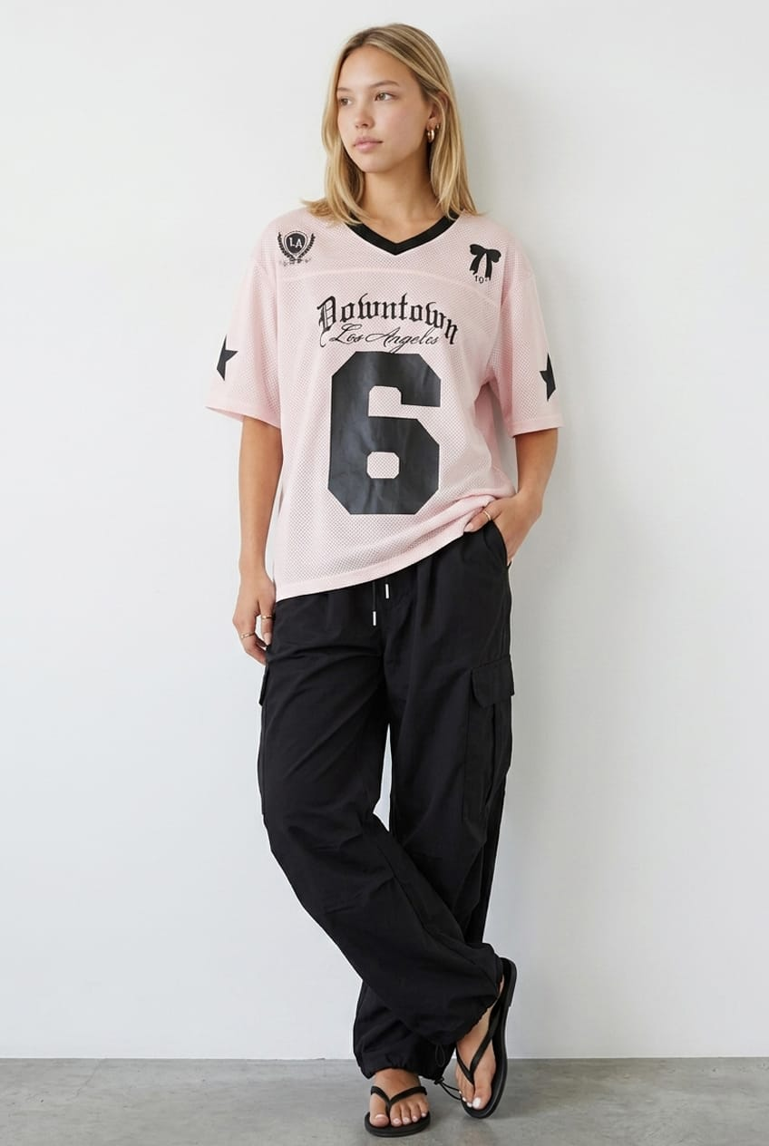 Pink Short-Sleeve Oversized V-Neck Graphic Tee from Ally Fashion