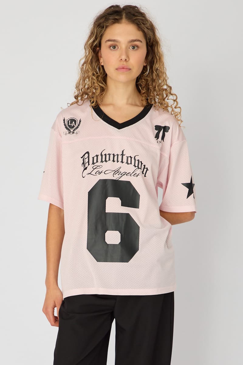 Pink Short Sleeve Oversized Vneck Graphic Tee for Ally Fashion
