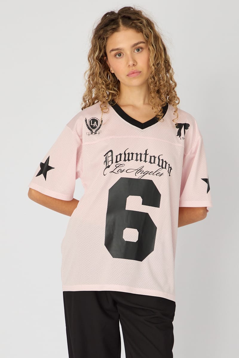 Pink Short Sleeve Oversized Vneck Graphic Tee for Ally Fashion