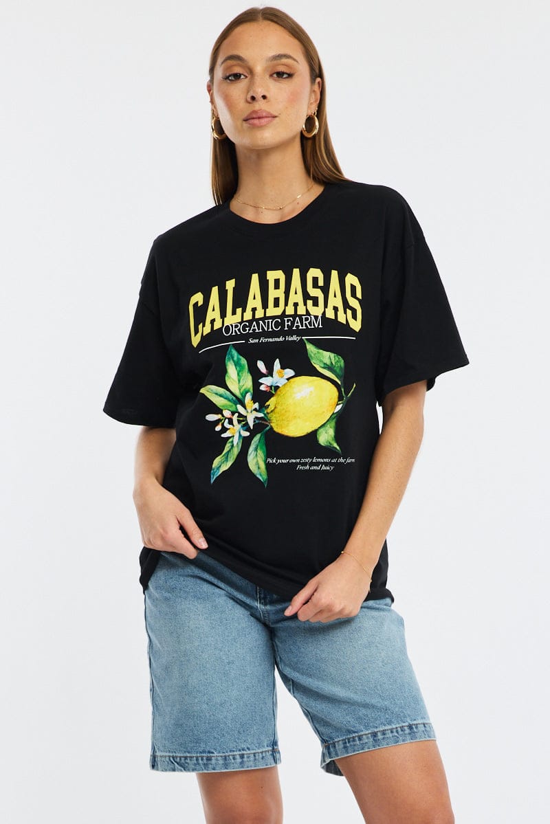 Black Graphic Tee Short Sleeve for Ally Fashion