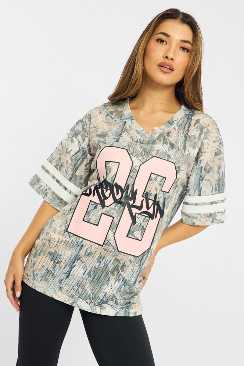 Green Print Sports Tee Short Sleeve for Ally Fashion