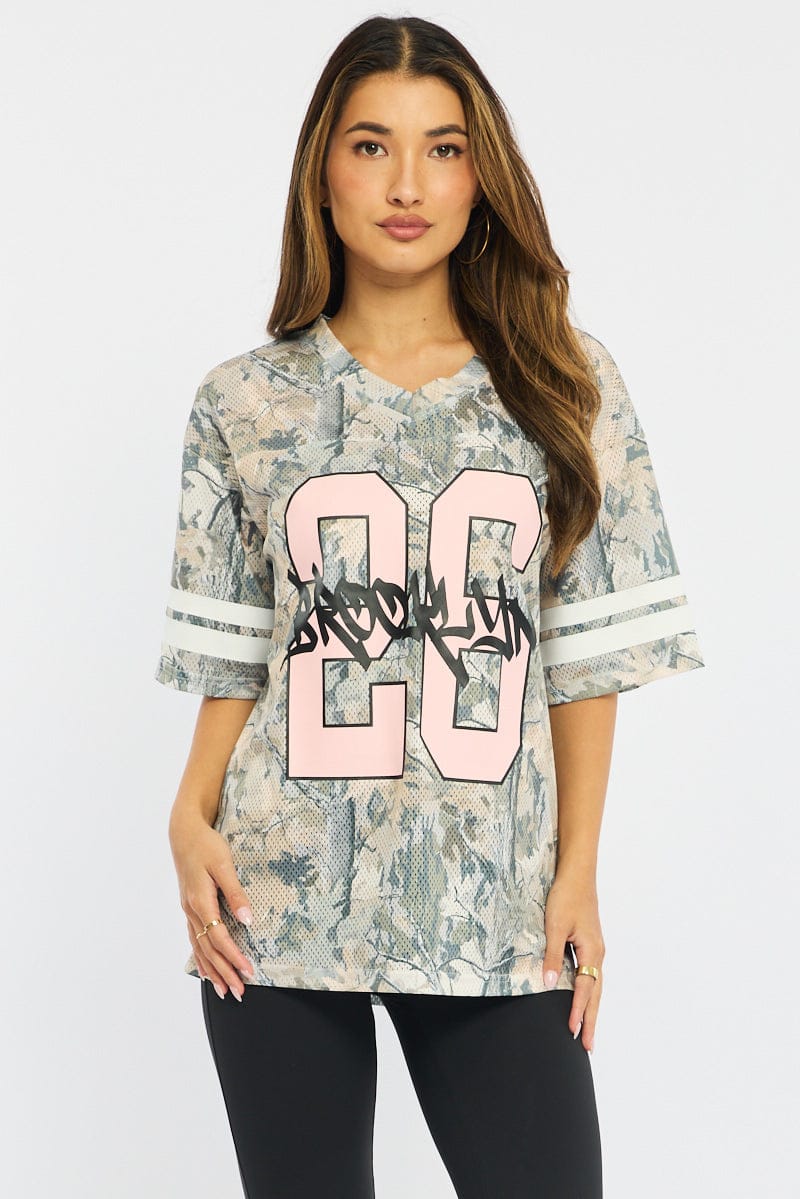 Green Print Sports Tee Short Sleeve for Ally Fashion