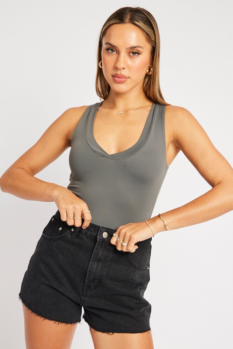 Grey Supersoft Bodysuit Sleeveless V Neck for Ally Fashion