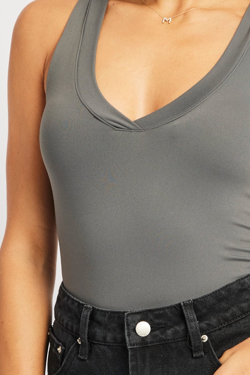 Grey Supersoft Bodysuit Sleeveless V Neck for Ally Fashion