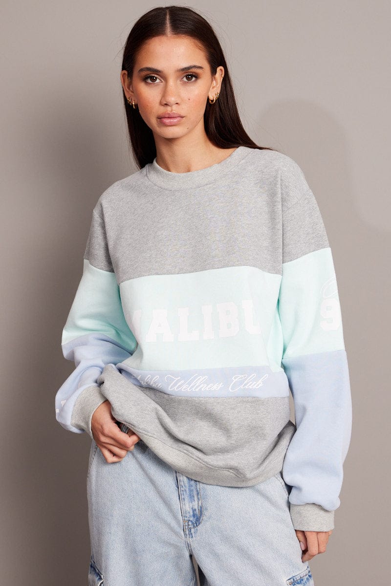 Blue Graphic Sweater Long Sleeve for Ally Fashion