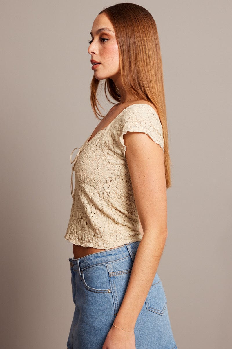 Beige Textured Top Short Sleeve for Ally Fashion