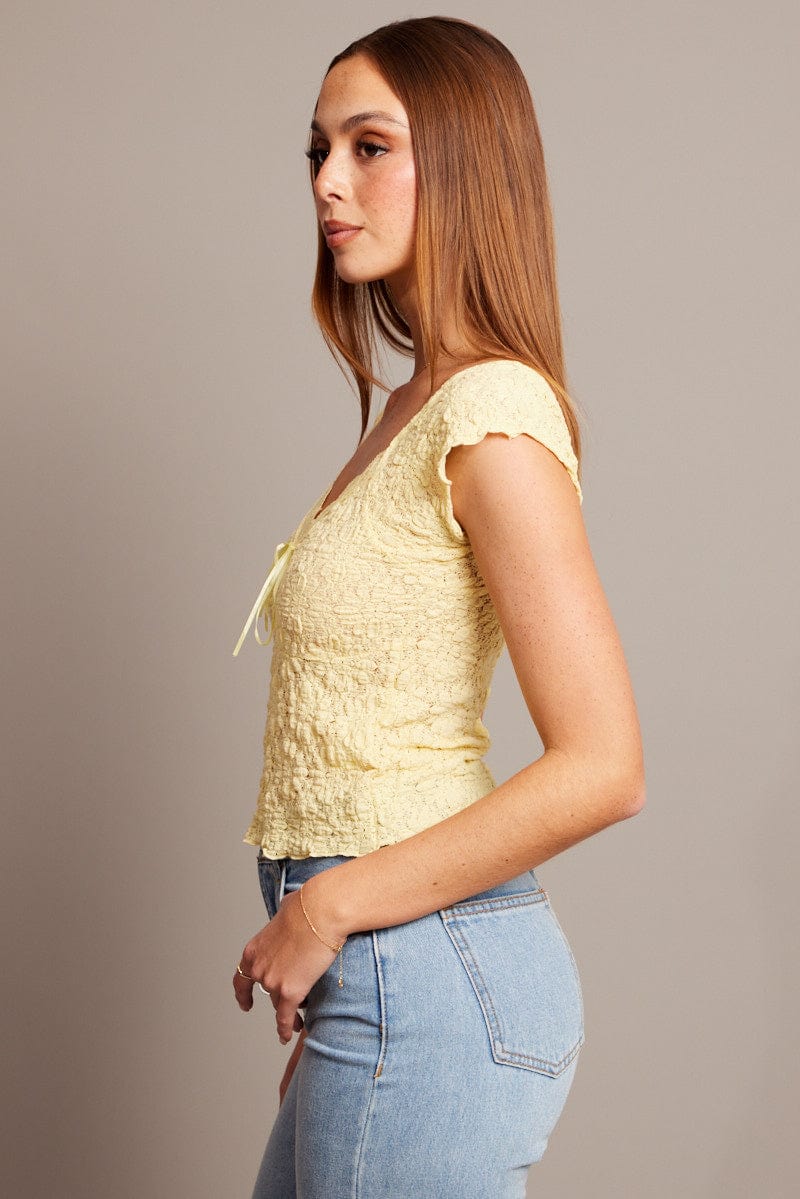 Yellow Textured Top Short Sleeve for Ally Fashion