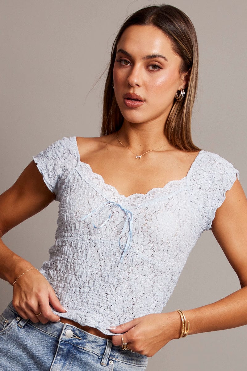 Blue Textured Top Short Sleeve for Ally Fashion