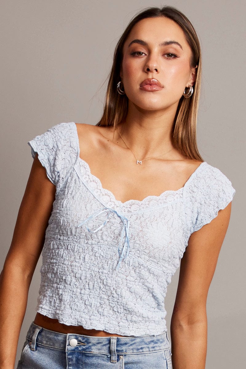 Blue Textured Top Short Sleeve for Ally Fashion