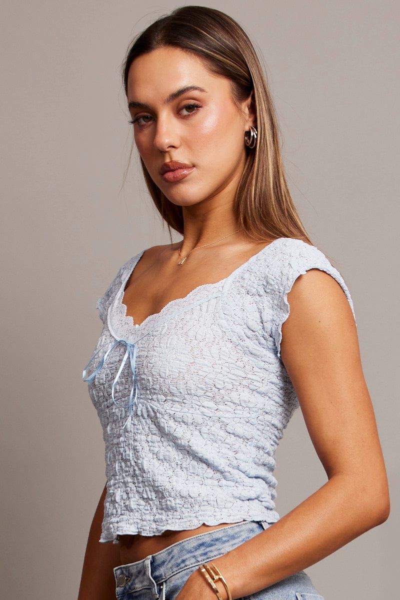 Blue Textured Top Short Sleeve for Ally Fashion