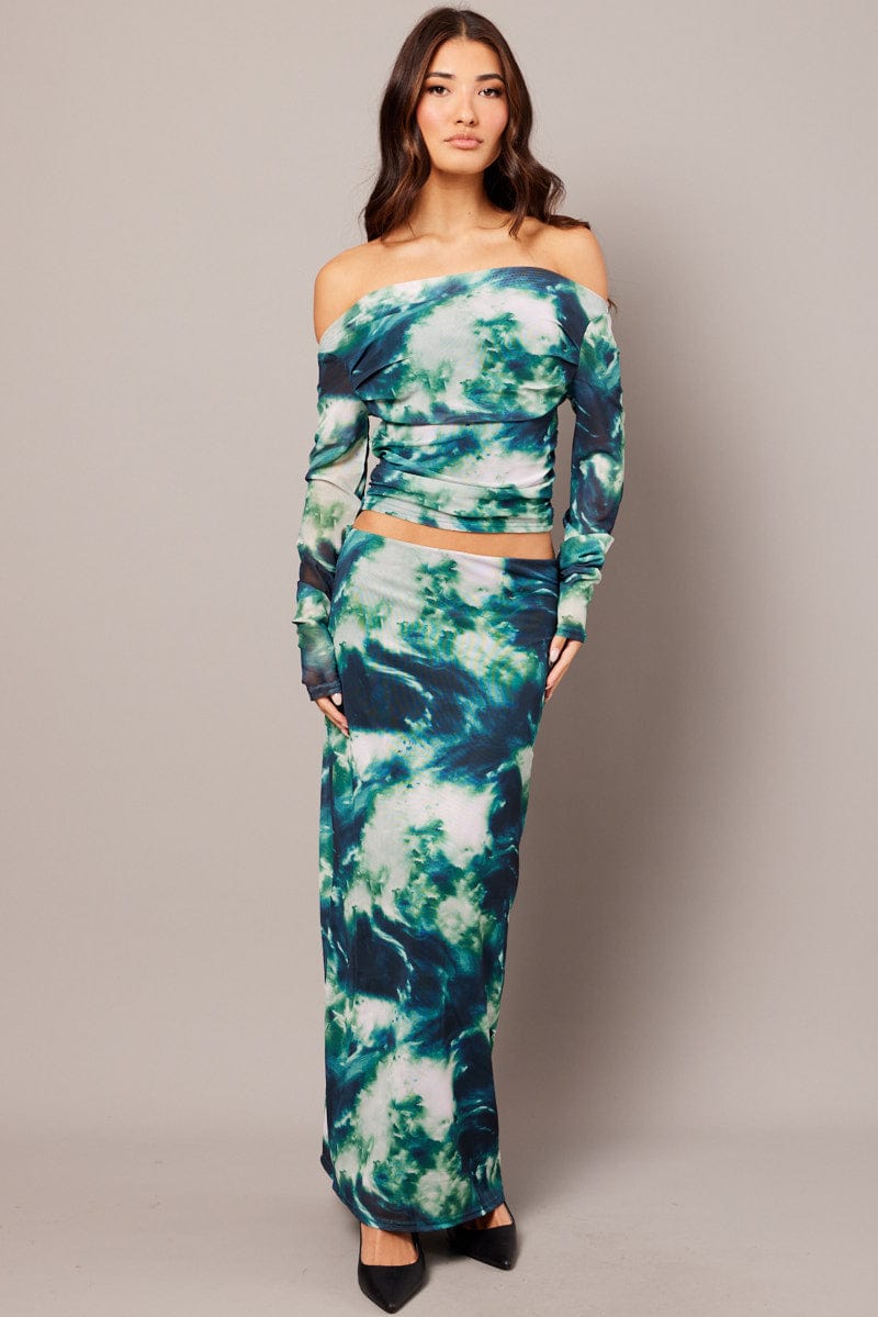 Green Abstract Mesh Top Long Sleeve | Ally Fashion