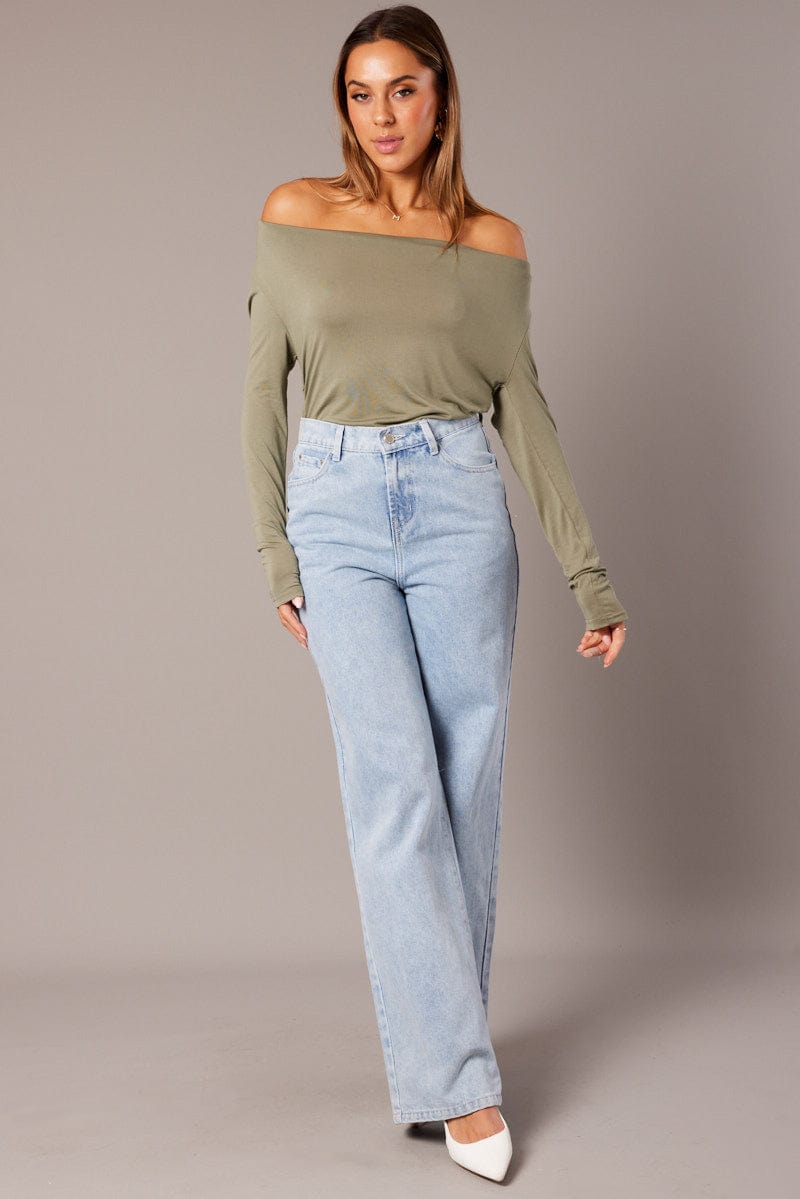 Green Off Shoulder Top Long Sleeve for Ally Fashion