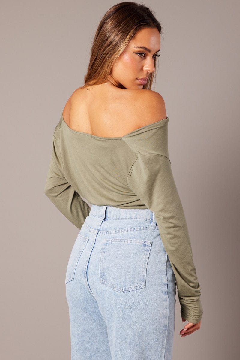 Green Off Shoulder Top Long Sleeve for Ally Fashion