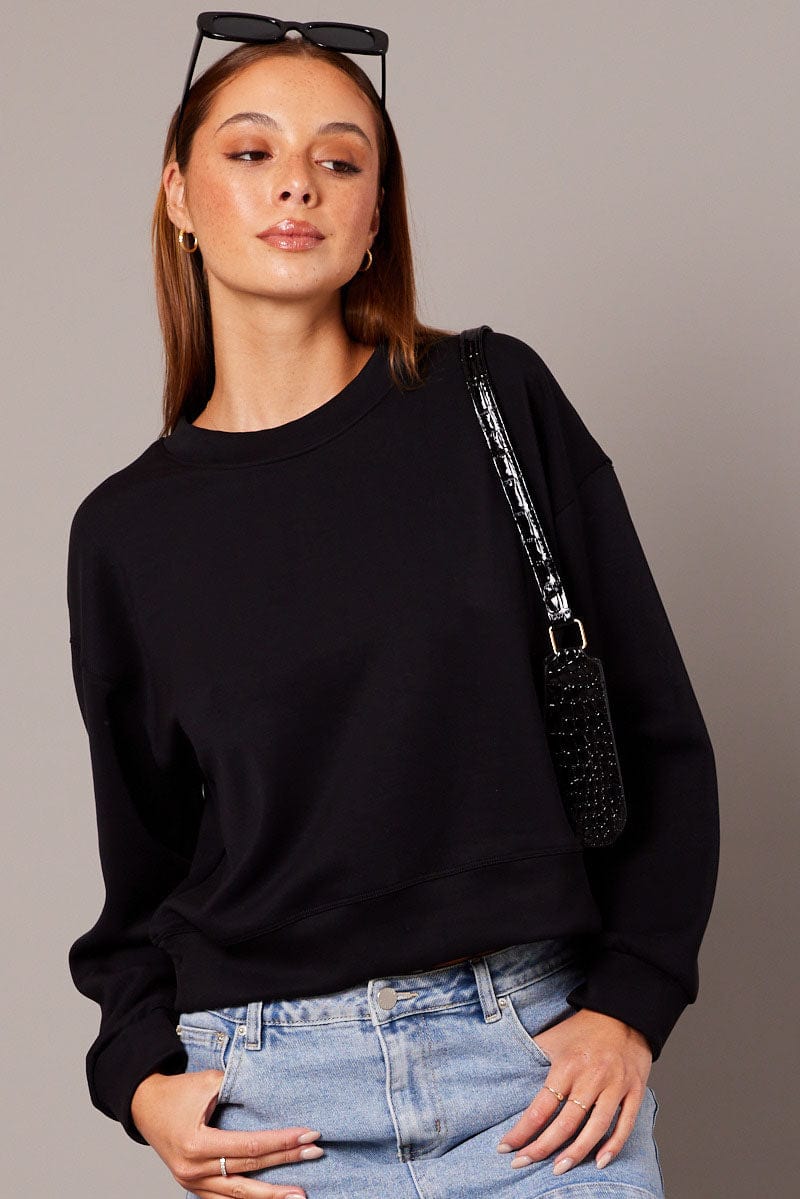 Black Crop Sweater Long Sleeve Oversized for Ally Fashion