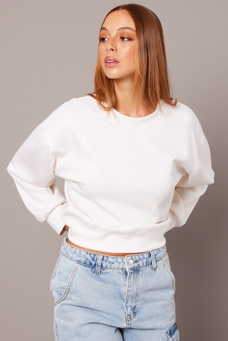 White Crop Sweater Long Sleeve Oversized for Ally Fashion