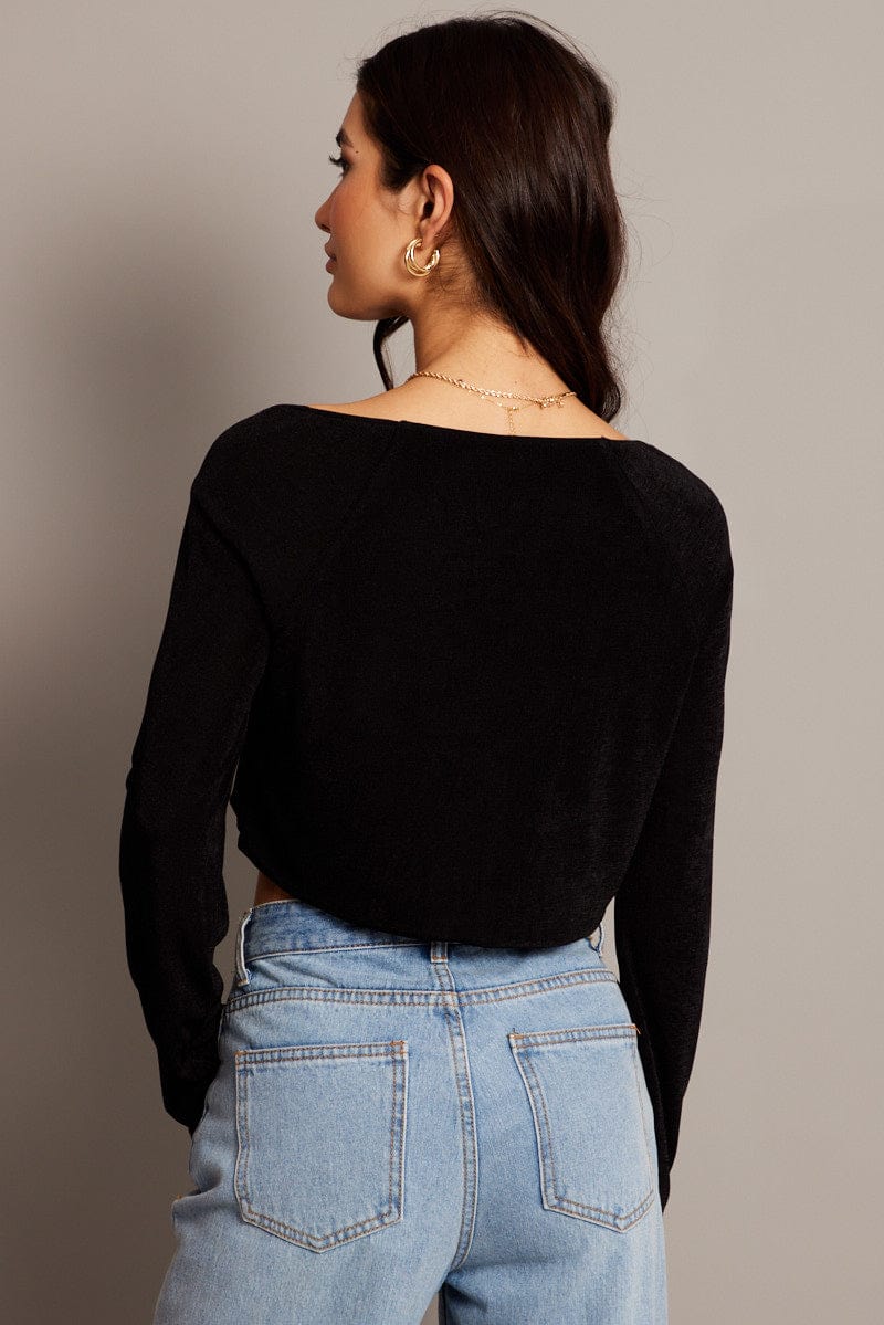 Black Tie Up Front Top Long Sleeve for Ally Fashion