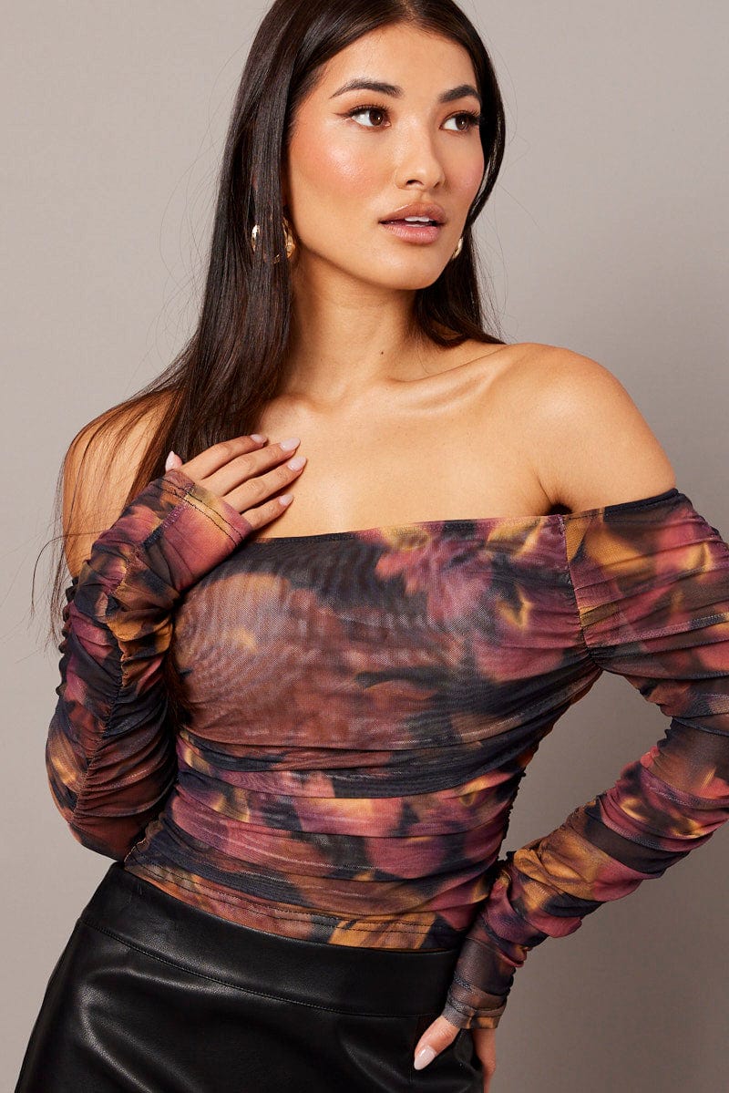 Multi Floral Off Shoulder Top Long Sleeve Mesh for Ally Fashion