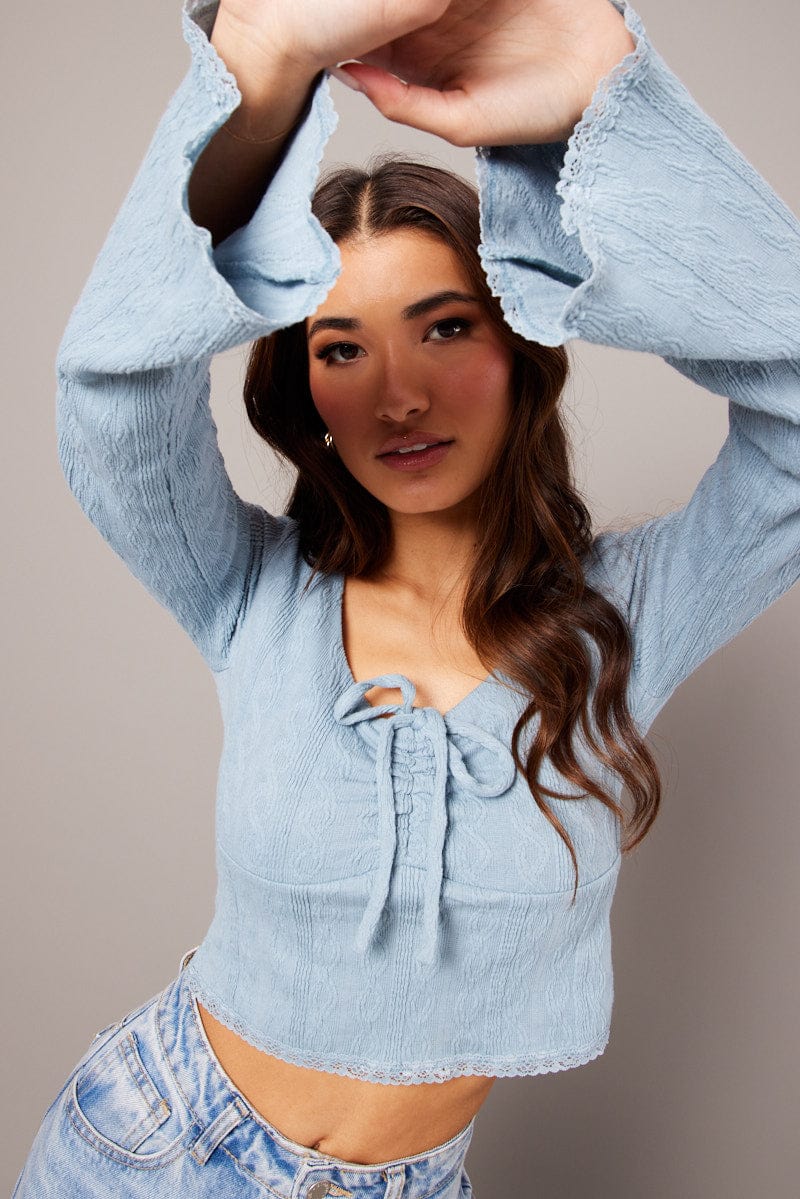 Blue Textured Top Long Sleeve for Ally Fashion