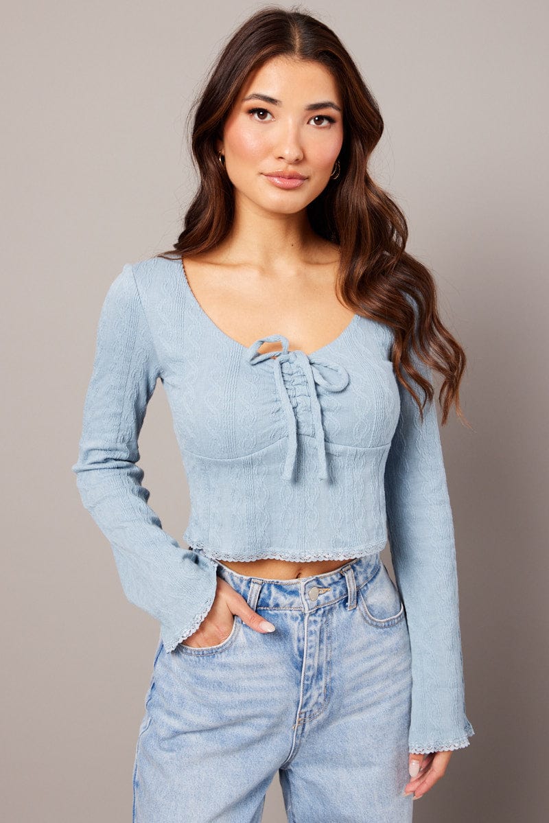 Blue Textured Top Long Sleeve for Ally Fashion