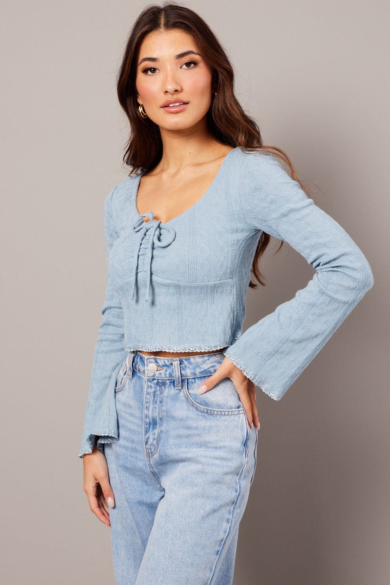 Blue Textured Top Long Sleeve for Ally Fashion