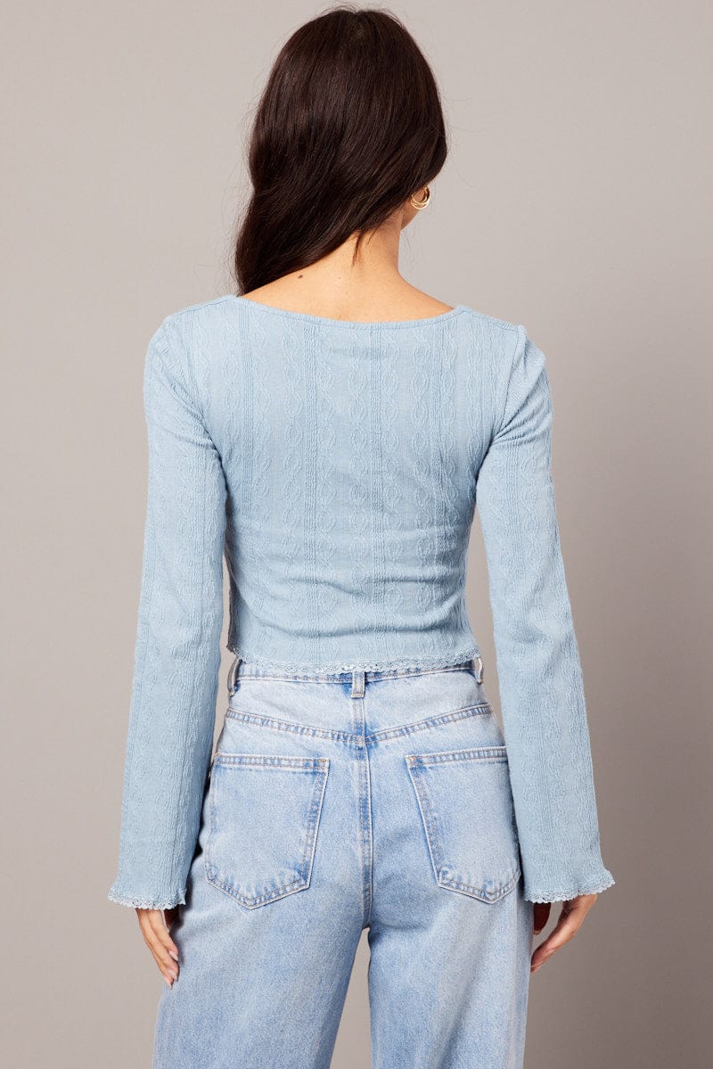 Blue Textured Top Long Sleeve for Ally Fashion