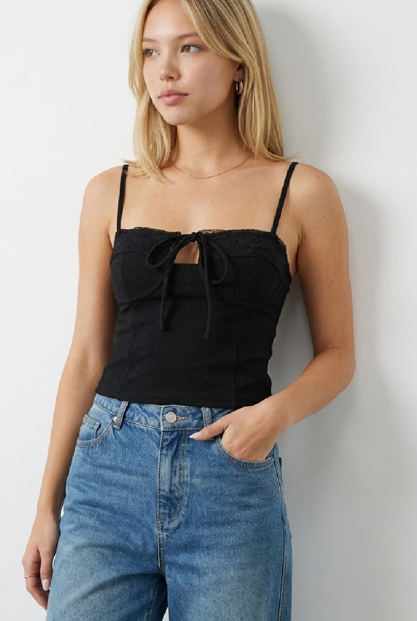 Black Singlet Top Contrast Lace Trim for Ally Fashion