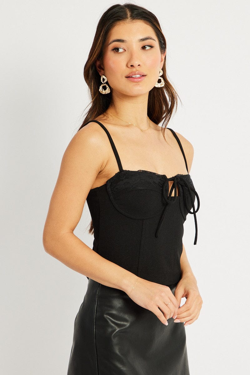 Black Singlet Top Contrast Lace Trim for Ally Fashion