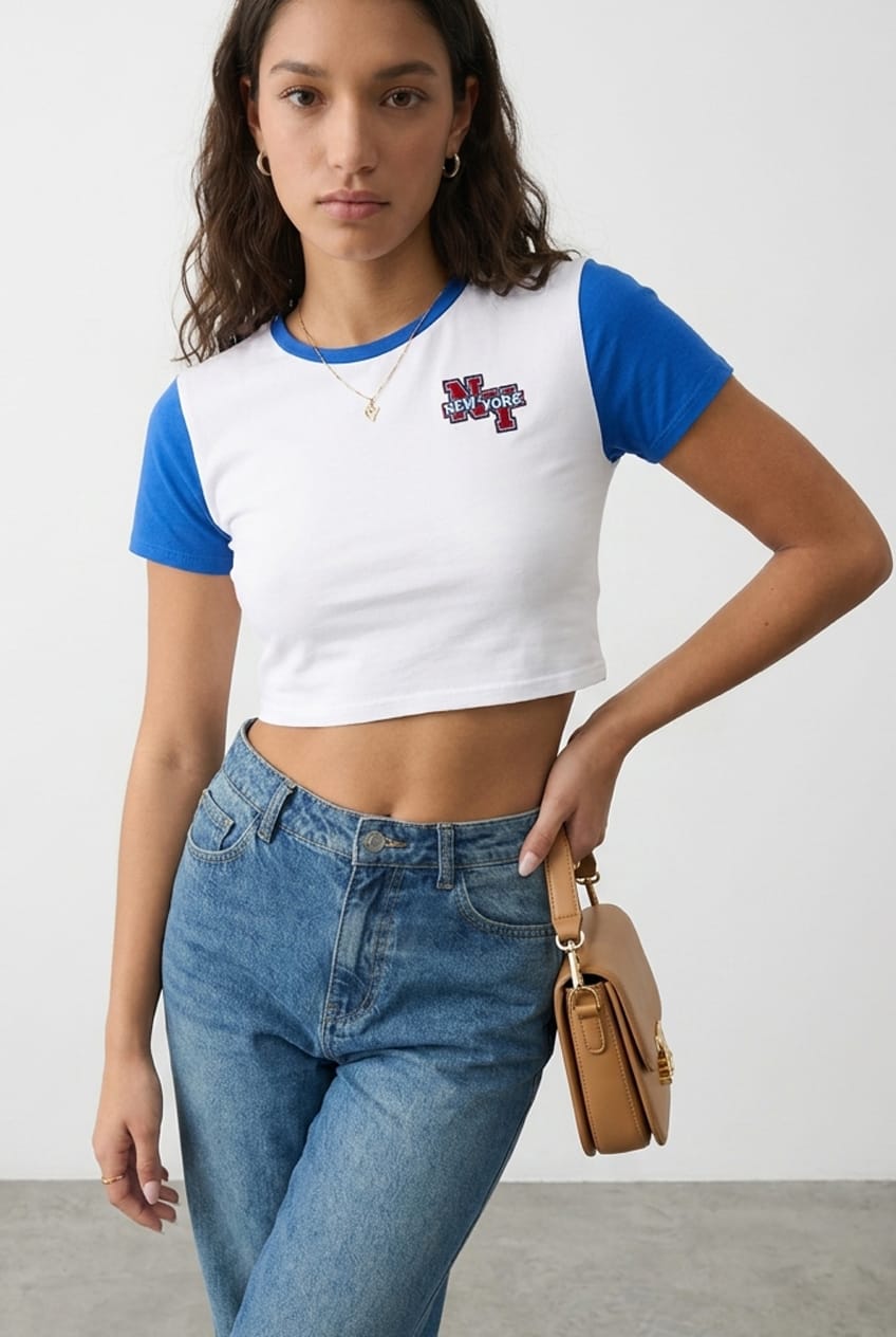 Blue Varsity Baby Tee