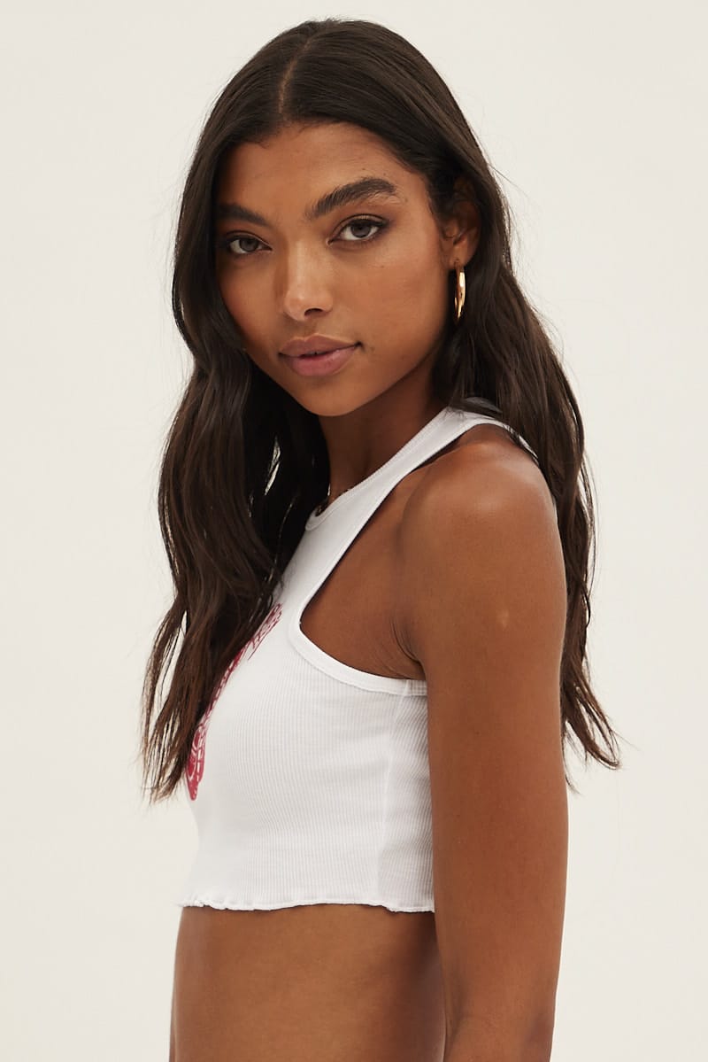 White Tank Round Neck Embroidery Lettuce Edge Cotton Rib for Ally Fashion