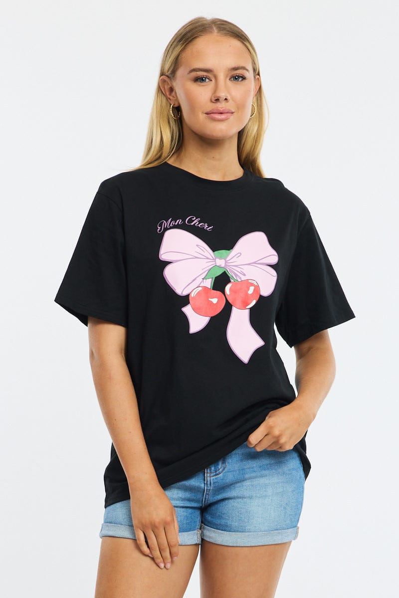Black Graphic Tee Short Sleeve for Ally Fashion