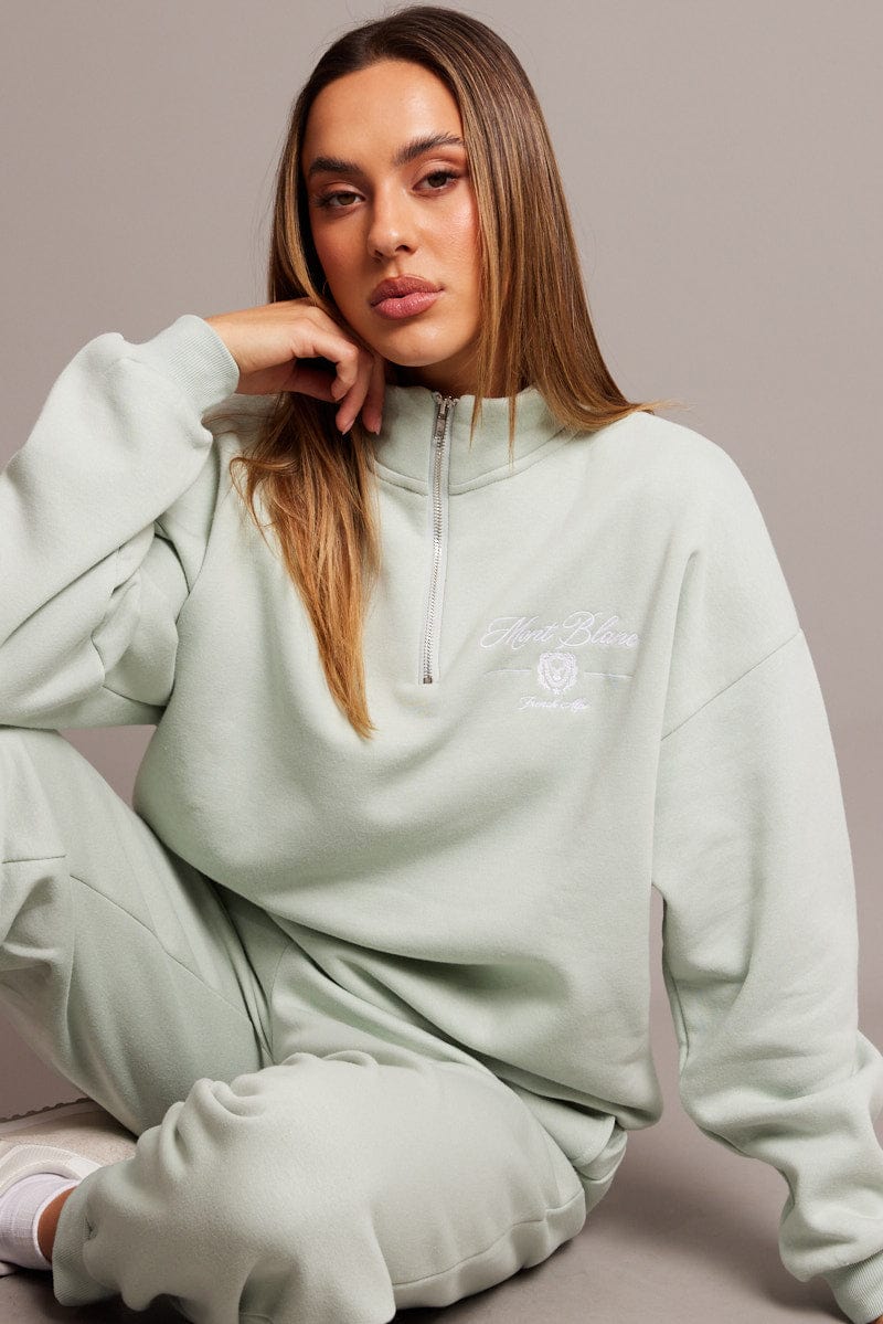 Green Zip Sweater Funnel Neck Oversized for Ally Fashion